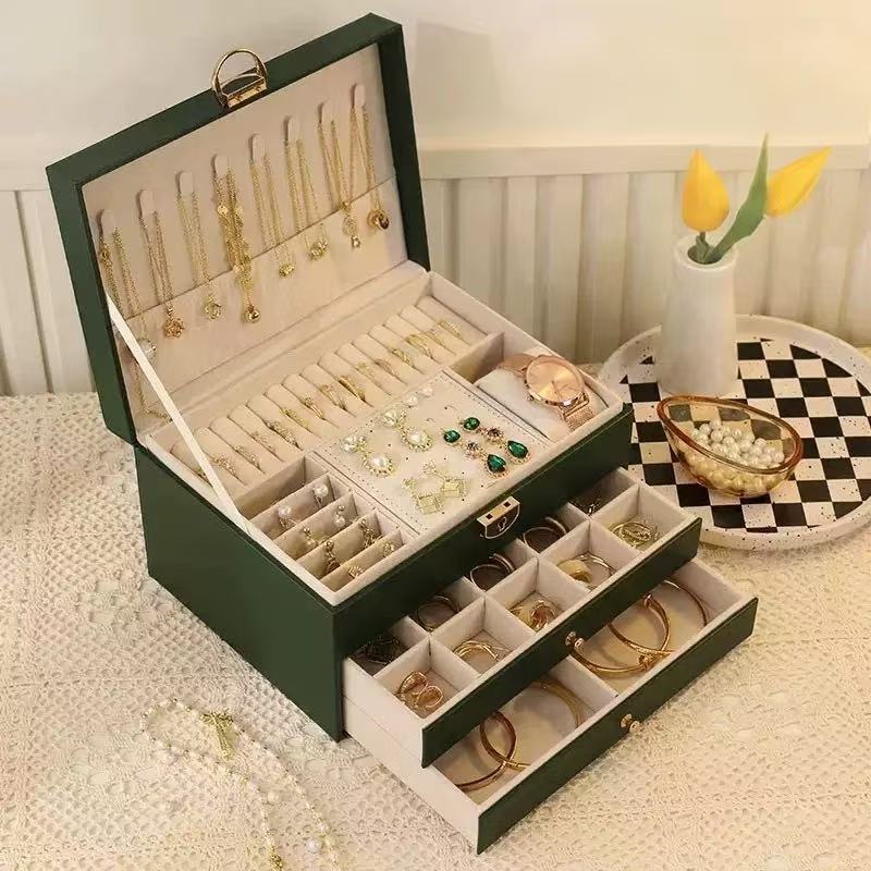 PU Leather Three Layer Jewelry Organizer Box with Lock and Compartments
