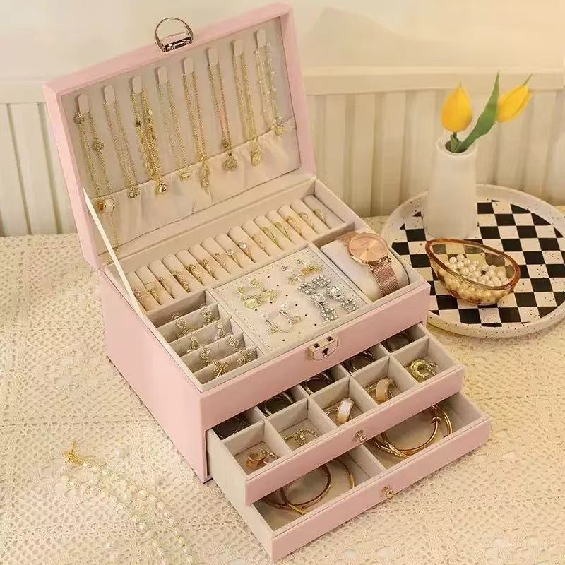 PU Leather Three Layer Jewelry Organizer Box with Lock and Compartments