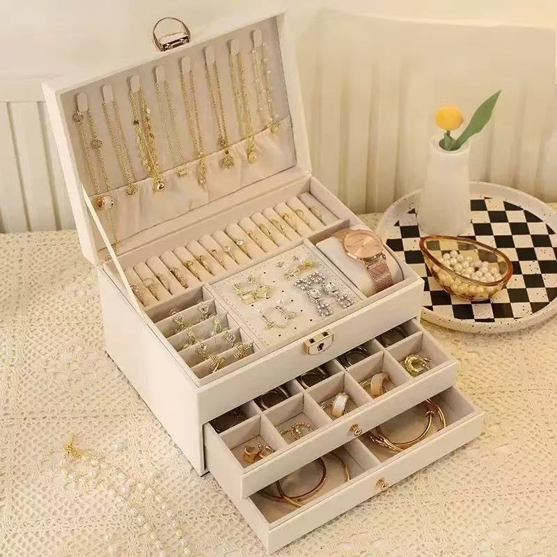 PU Leather Three Layer Jewelry Organizer Box with Lock and Compartments