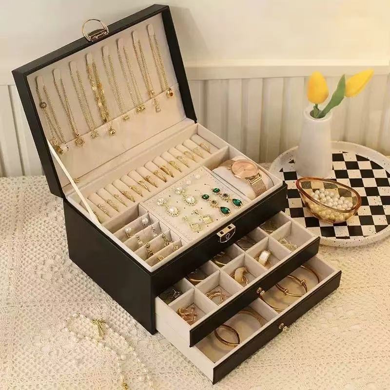 PU Leather Three Layer Jewelry Organizer Box with Lock and Compartments
