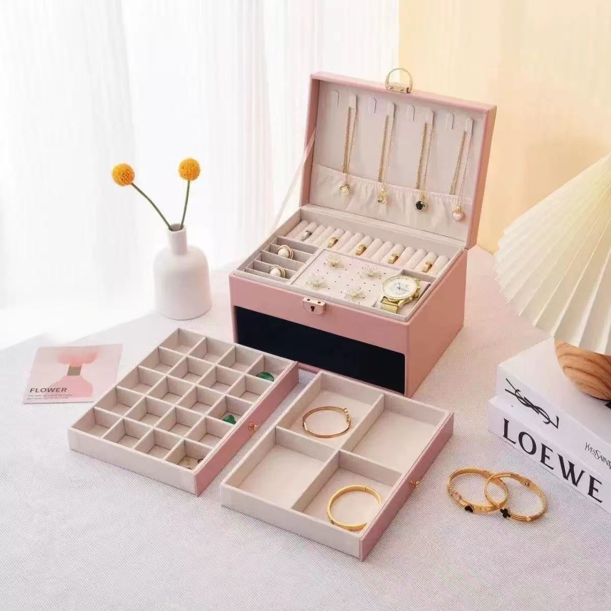 PU Leather Three Layer Jewelry Organizer Box with Lock and Compartments