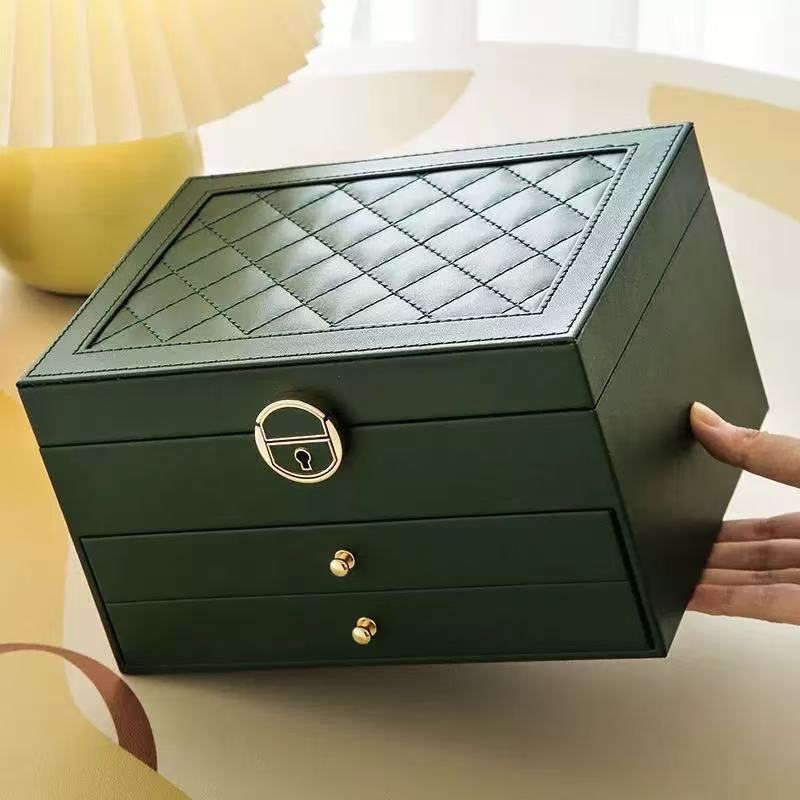 PU Leather Three Layer Jewelry Organizer Box with Lock and Compartments