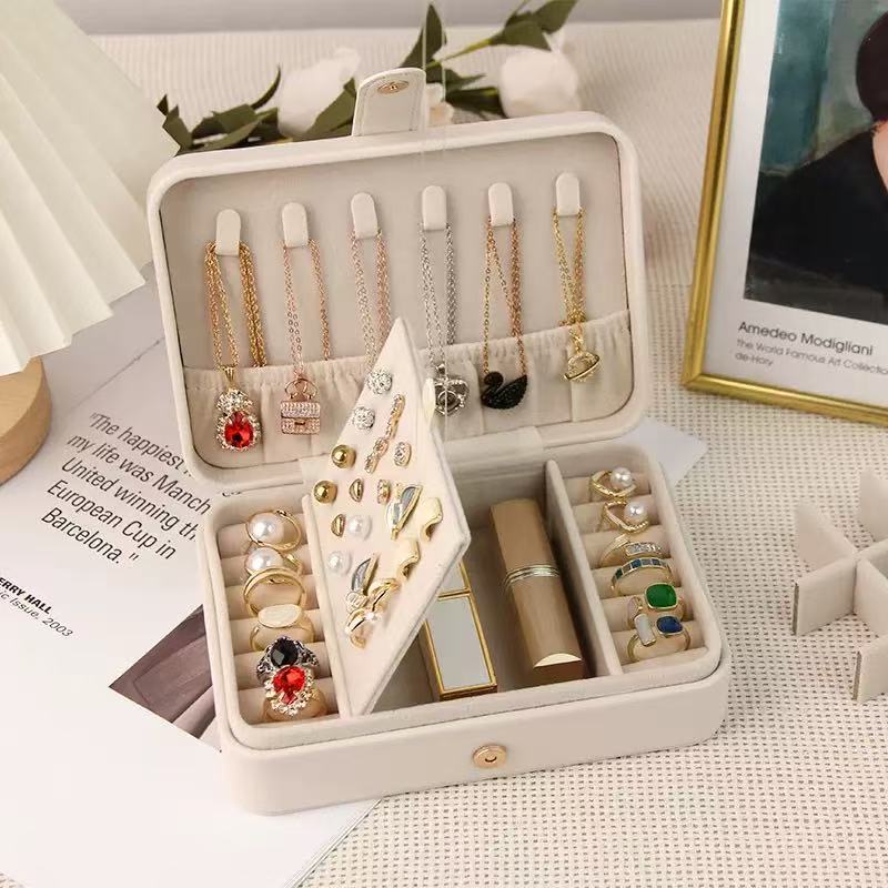 PU Leather Long Rectangular Jewelry Organizer Box with Compartments