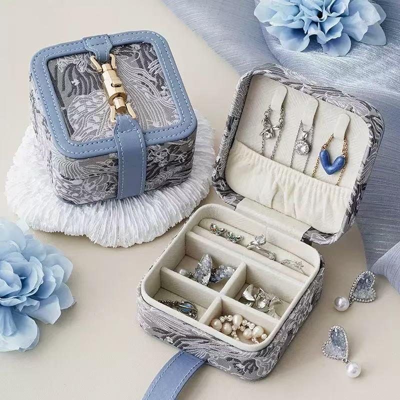 Embroidered Jewelry Organizer Box Portable Storage Case for Small Accessories