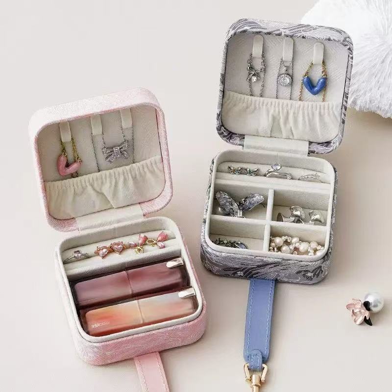 Embroidered Jewelry Organizer Box Portable Storage Case for Small Accessories