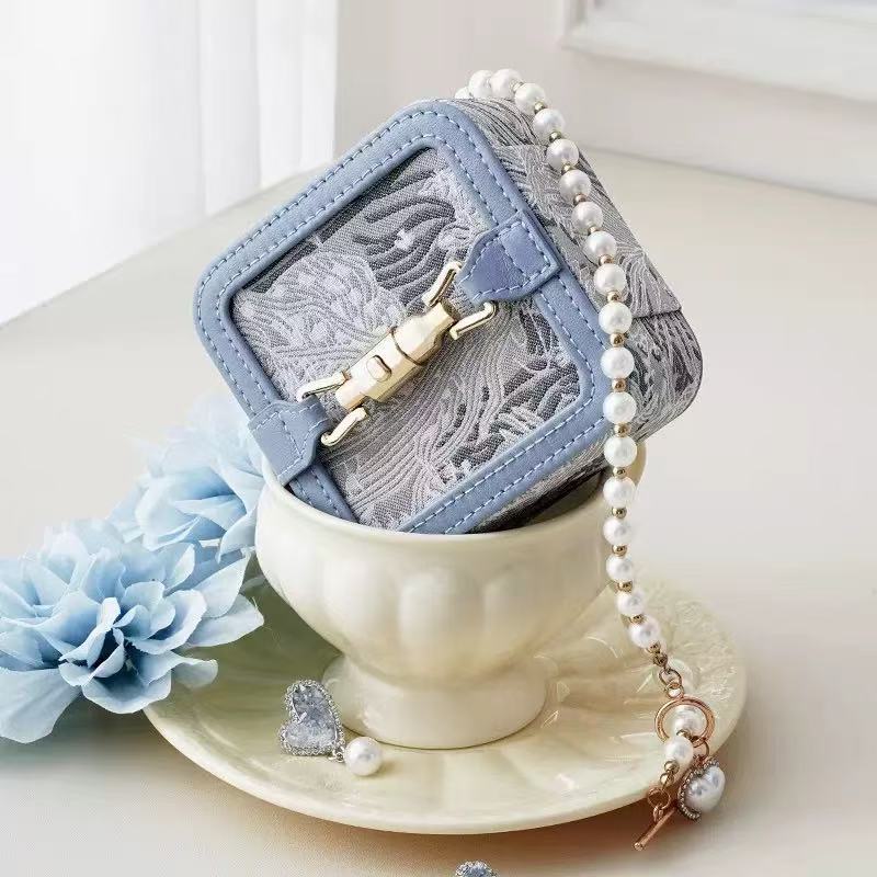 Embroidered Jewelry Organizer Box Portable Storage Case for Small Accessories