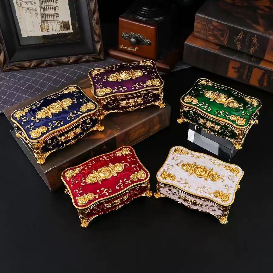 Vintage Inspired Zinc Alloy Square Jewelry Box Rose Flower Design Storage Case