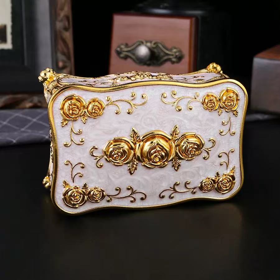 Vintage Inspired Zinc Alloy Square Jewelry Box Rose Flower Design Storage Case