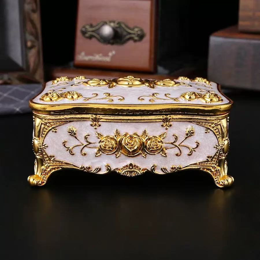 Vintage Inspired Zinc Alloy Square Jewelry Box Rose Flower Design Storage Case