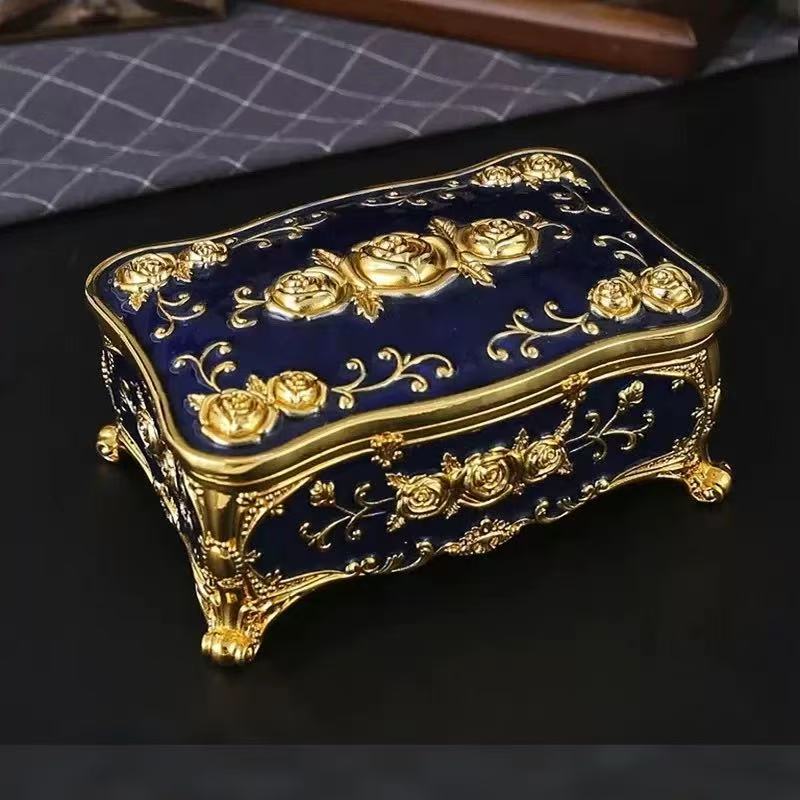 Vintage Inspired Zinc Alloy Square Jewelry Box Rose Flower Design Storage Case