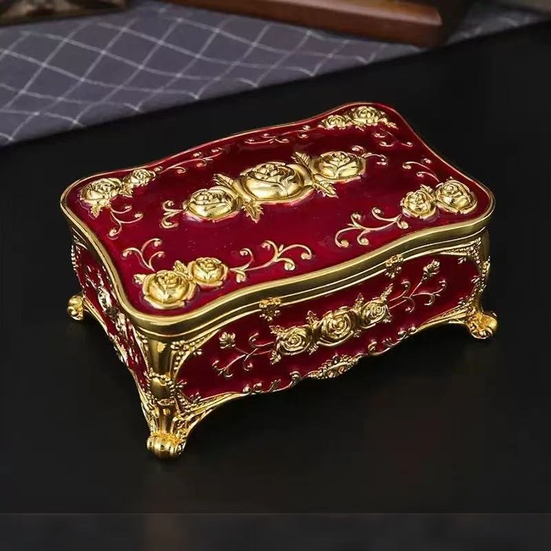 Vintage Inspired Zinc Alloy Square Jewelry Box Rose Flower Design Storage Case