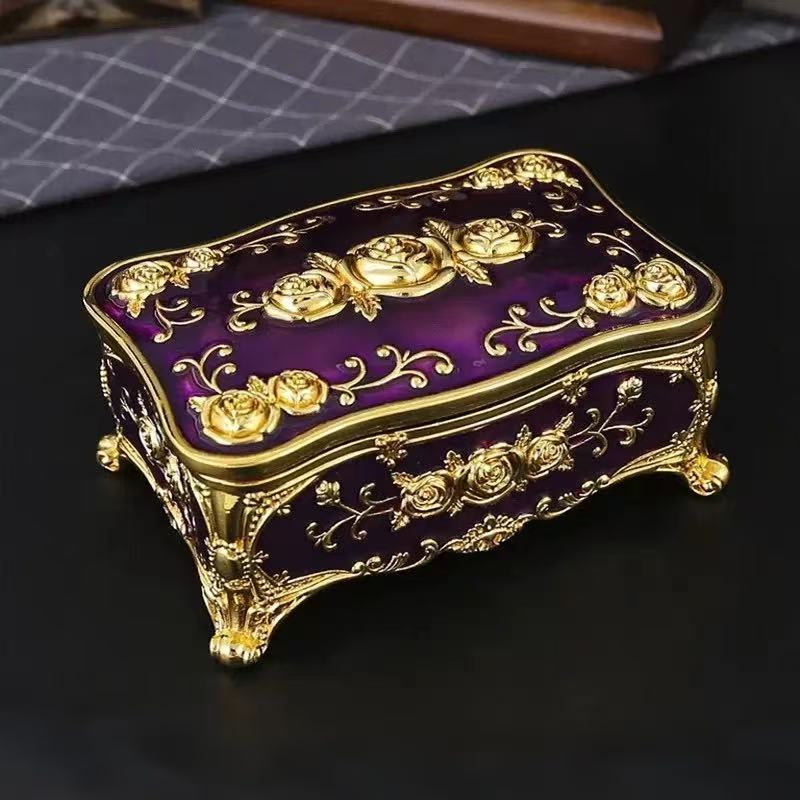 Vintage Inspired Zinc Alloy Square Jewelry Box Rose Flower Design Storage Case