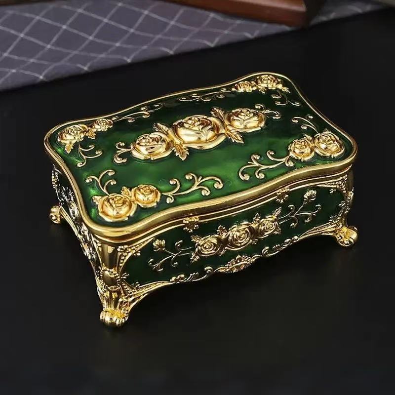 Vintage Inspired Zinc Alloy Square Jewelry Box Rose Flower Design Storage Case